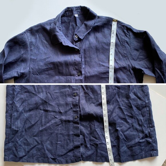 Women’s 100% Linen Navy Blue Long Shirt Dress Sz L Button Front Midi Side Pocket - Picture 7 of 10